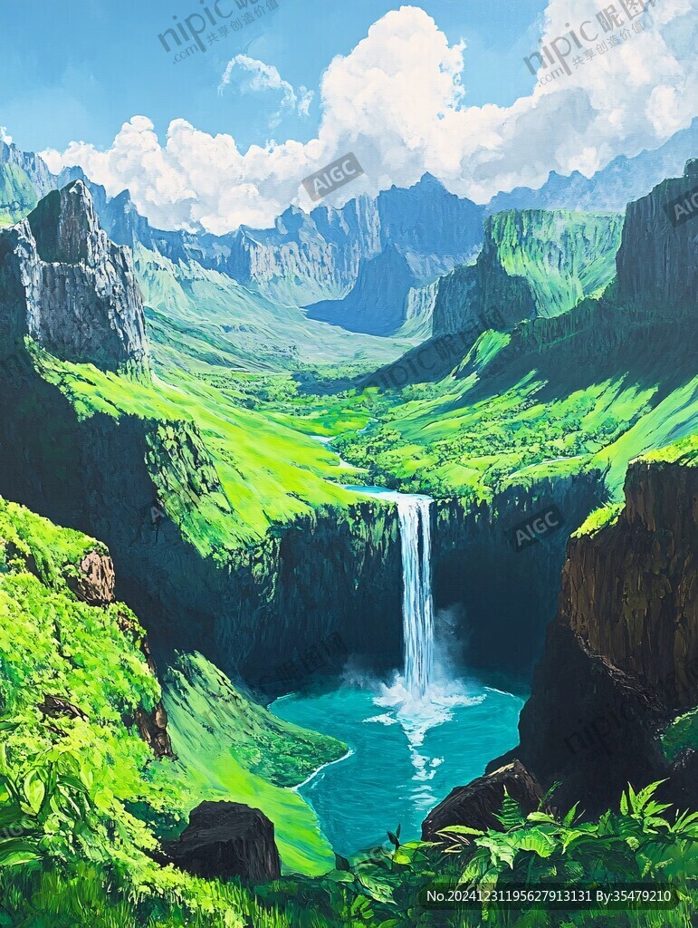 瀑布山景畫