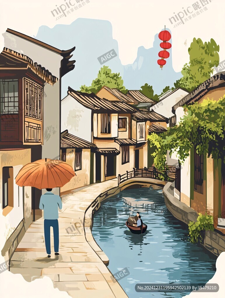 水鄉古鎮插畫