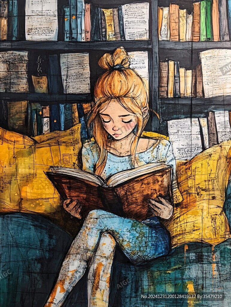 女孩讀書手繪