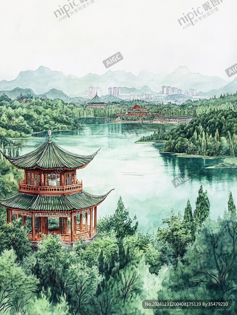 橫店地標建筑山水畫