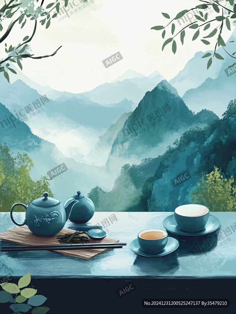 山水畫茶樹茶杯茶園