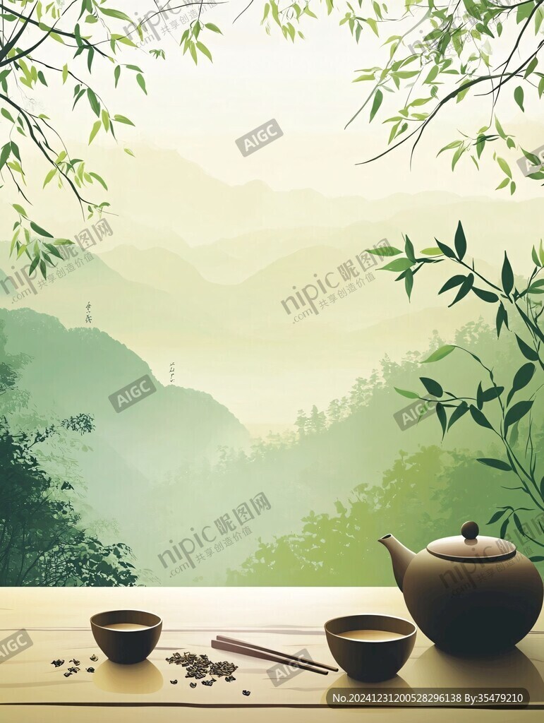 山水畫茶樹茶杯茶園