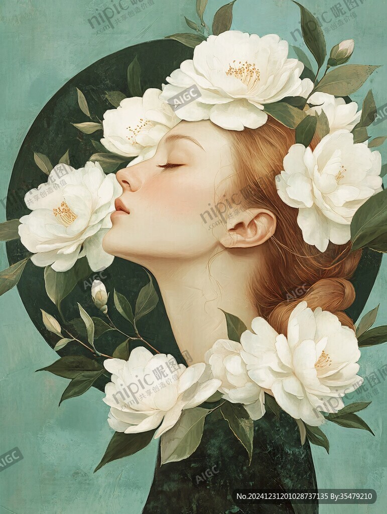 山茶花女孩插畫