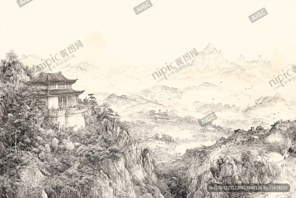 樓閣描線山水背景墻