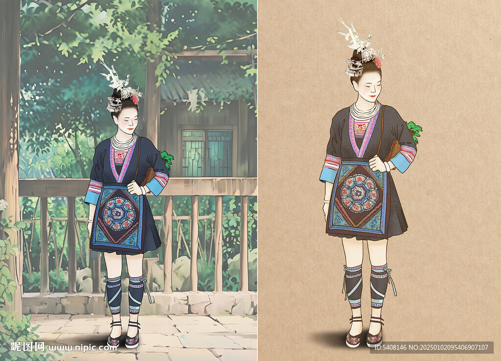 穿民族服裝的侗族女孩手繪