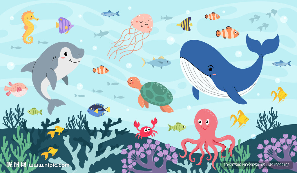 卡通海豚海洋鯨魚海底動物背景墻