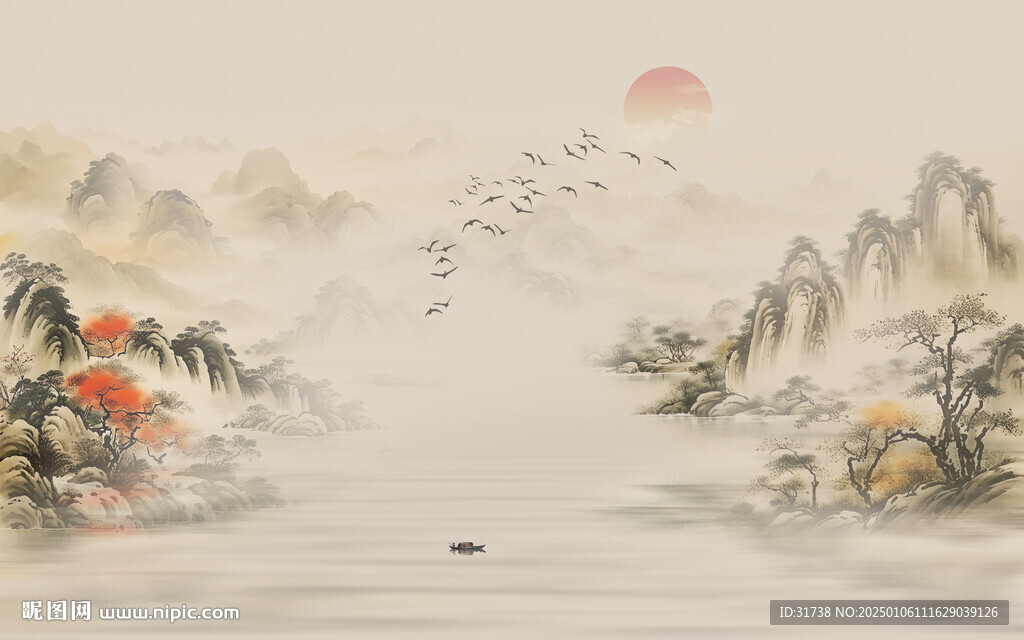 新中式山水情水墨畫背景墻