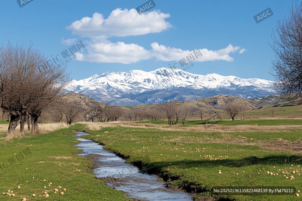 雪山下的溪流牧場