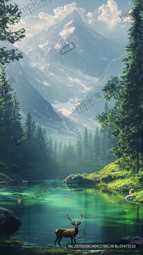 禪境山峰湖泊河流鹿樹