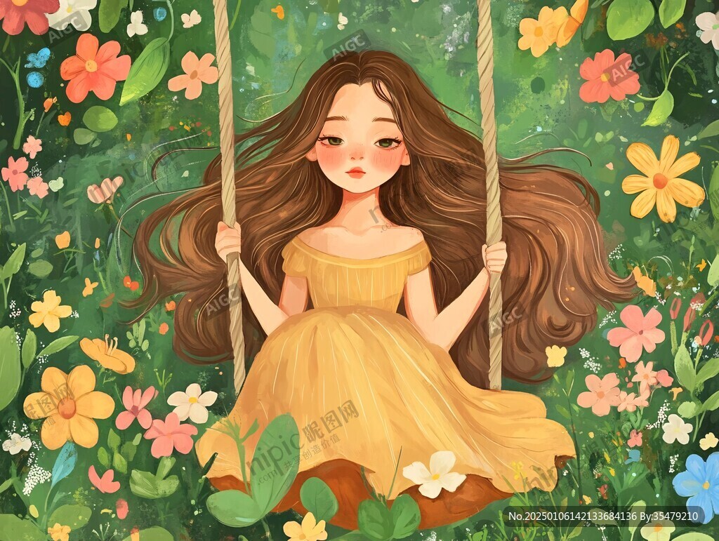 花叢女孩插畫