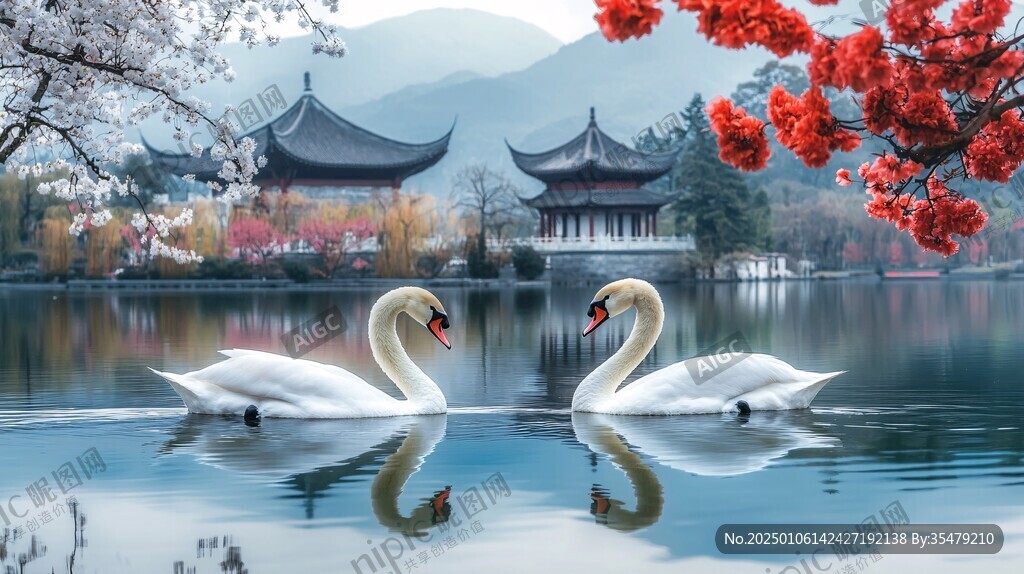 天鵝湖湖兩只天鵝美景