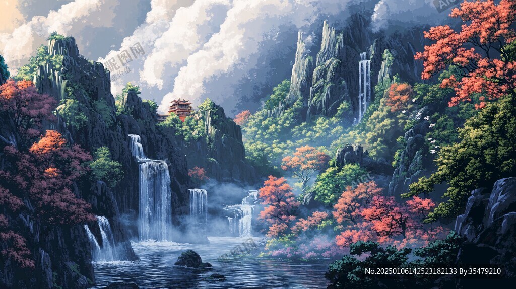 山水風景油畫瀑布
