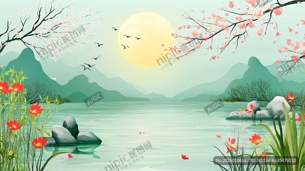 中式山湖插畫