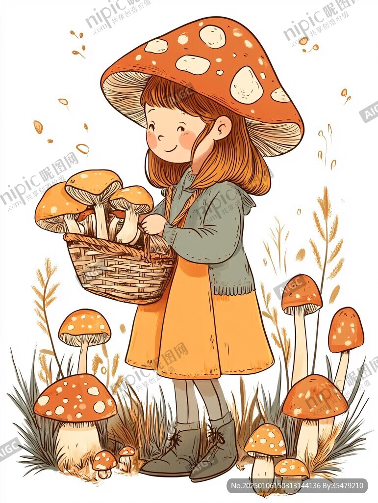采蘑菇的小姑娘插畫