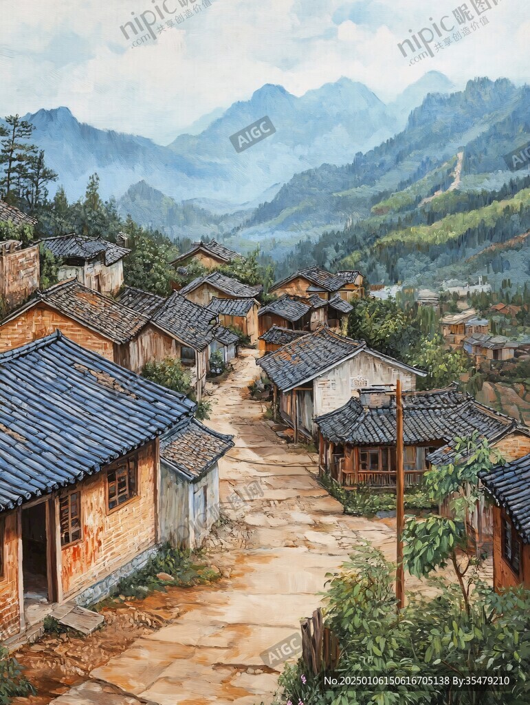瑤族村寨油畫