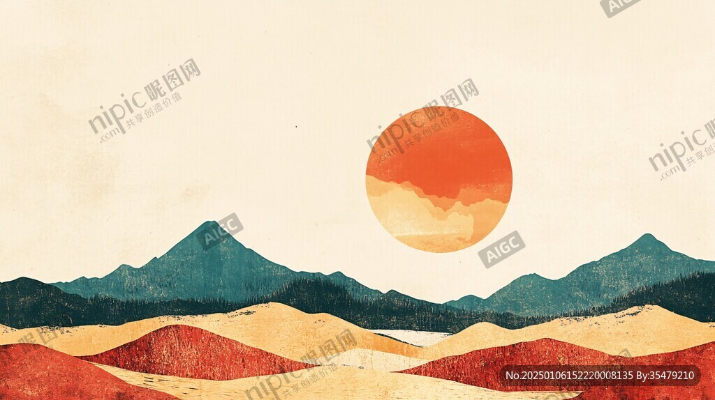 日落水墨畫日落群山