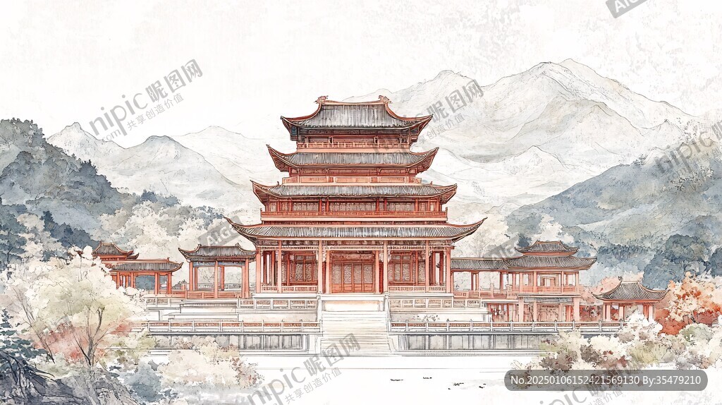 插畫橫店水彩水墨山水