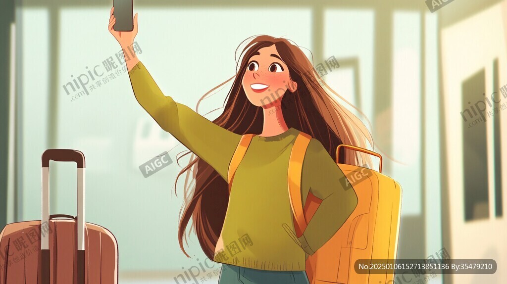 插畫(huà)自拍的度假女人