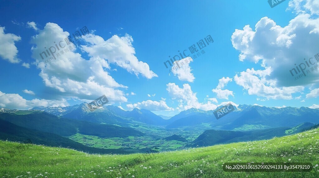 藍(lán)天白云山脈草地背景