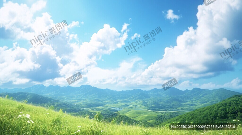 藍(lán)天白云山脈草地背景