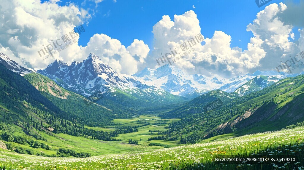 藍天白云山脈草地背景