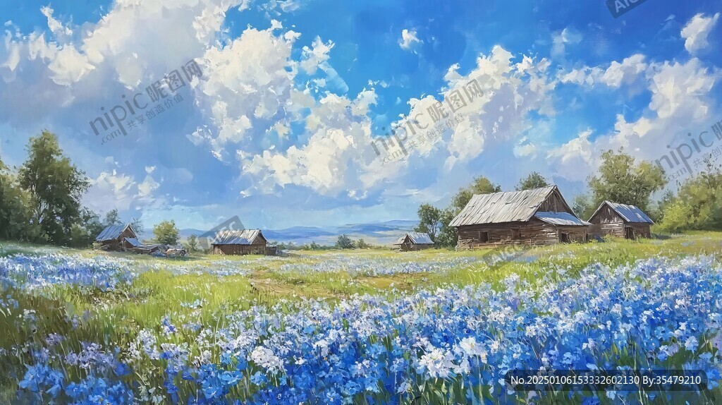 藍(lán)天白云鮮花油畫