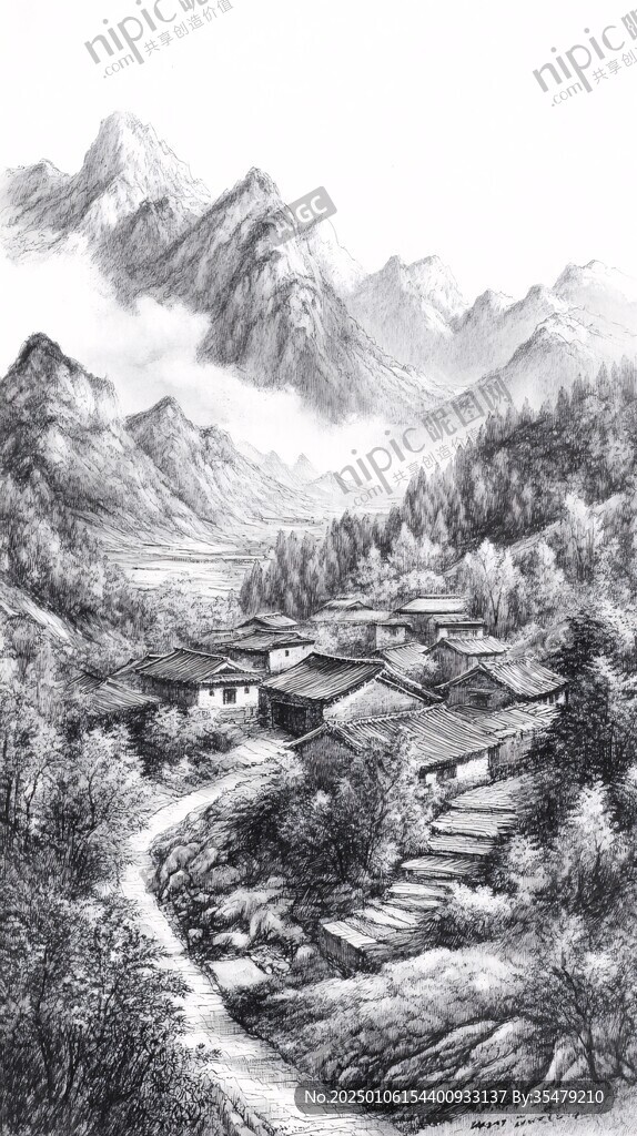 鉛筆素描水墨山水