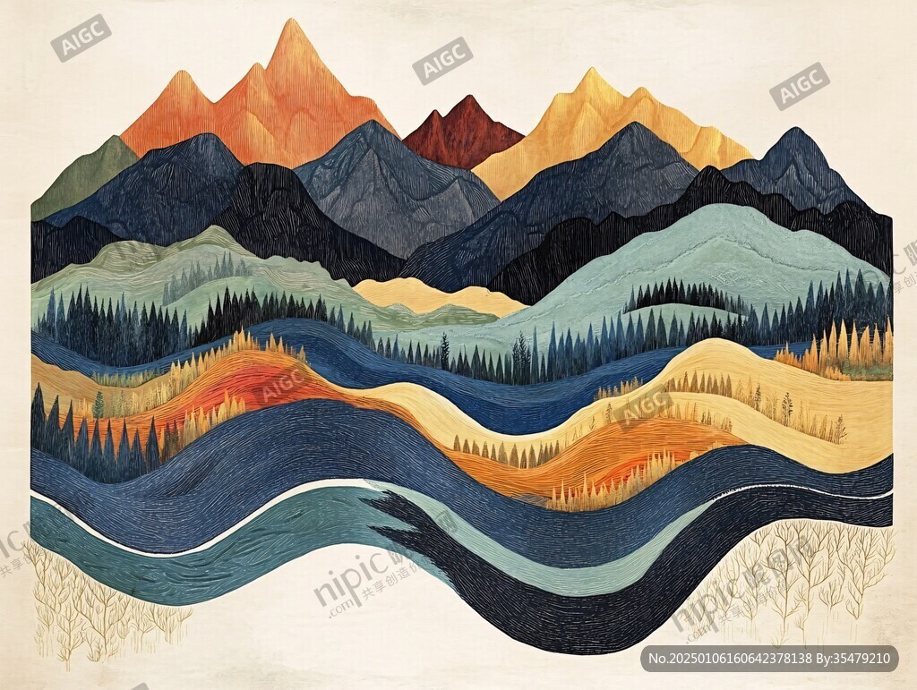 高端山水線包裝插畫
