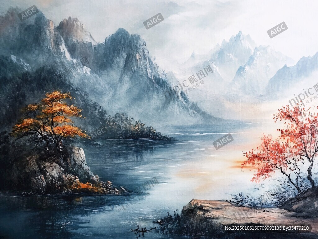 山峰山水畫油畫梅花鹿