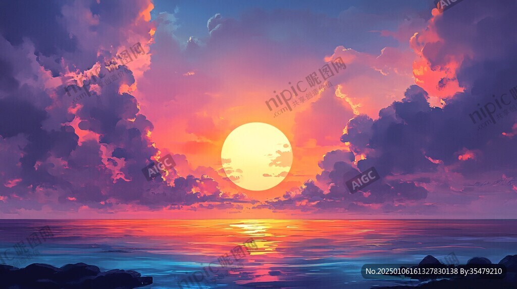 海上落日插畫