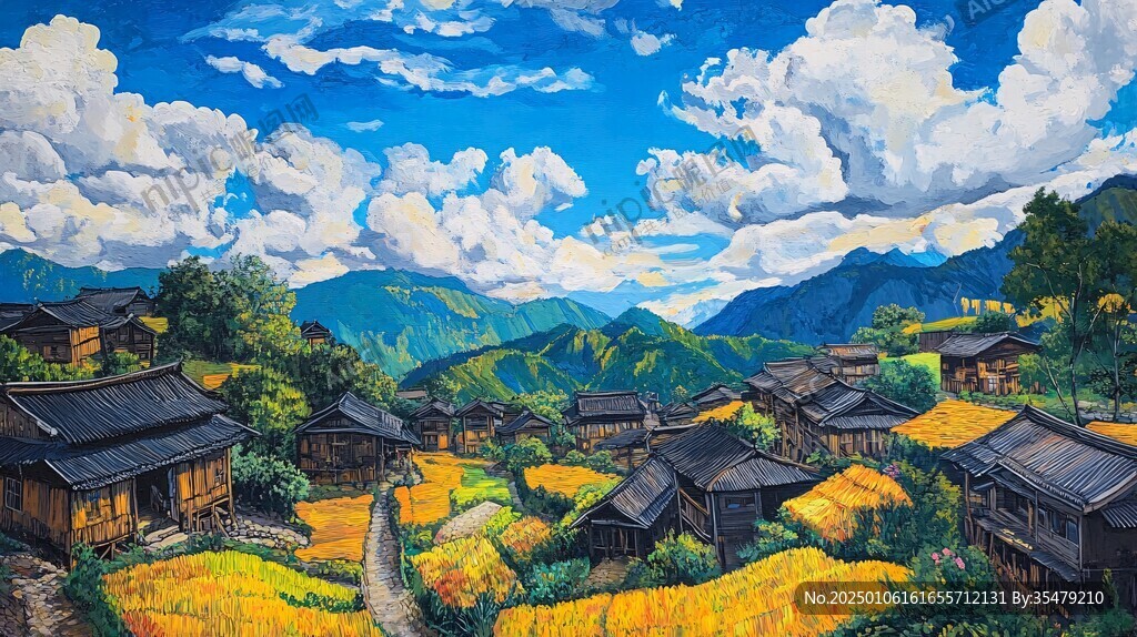 瑤族村寨油畫