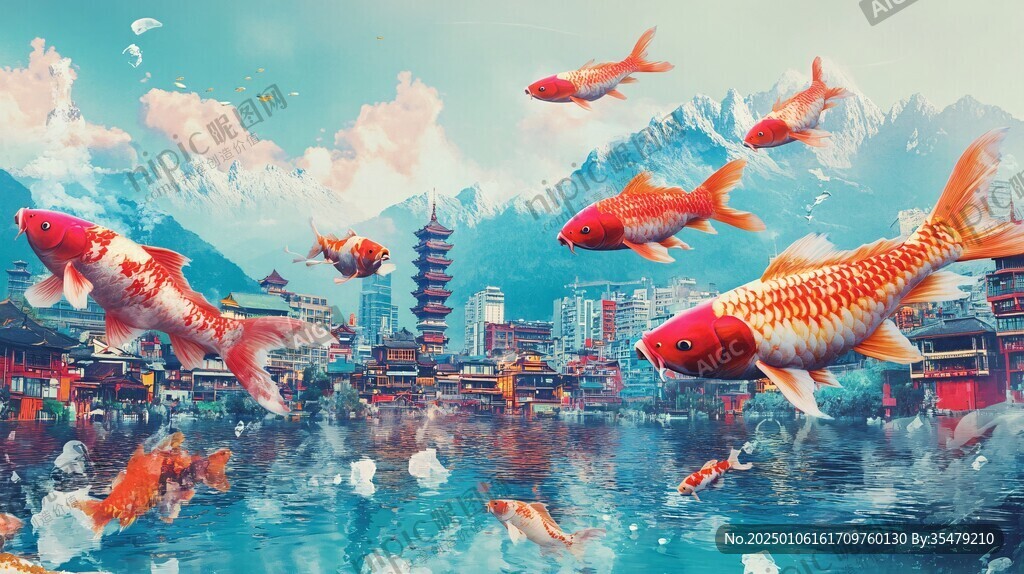 新中式山水鯉魚