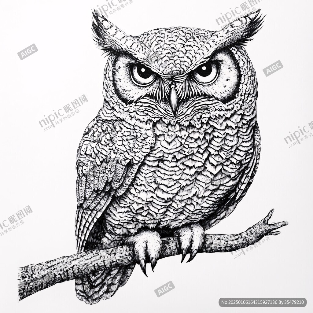 貓頭鷹黑白插畫