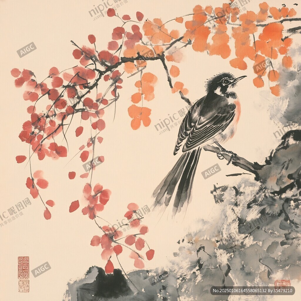 手繪黃鸝紅葉