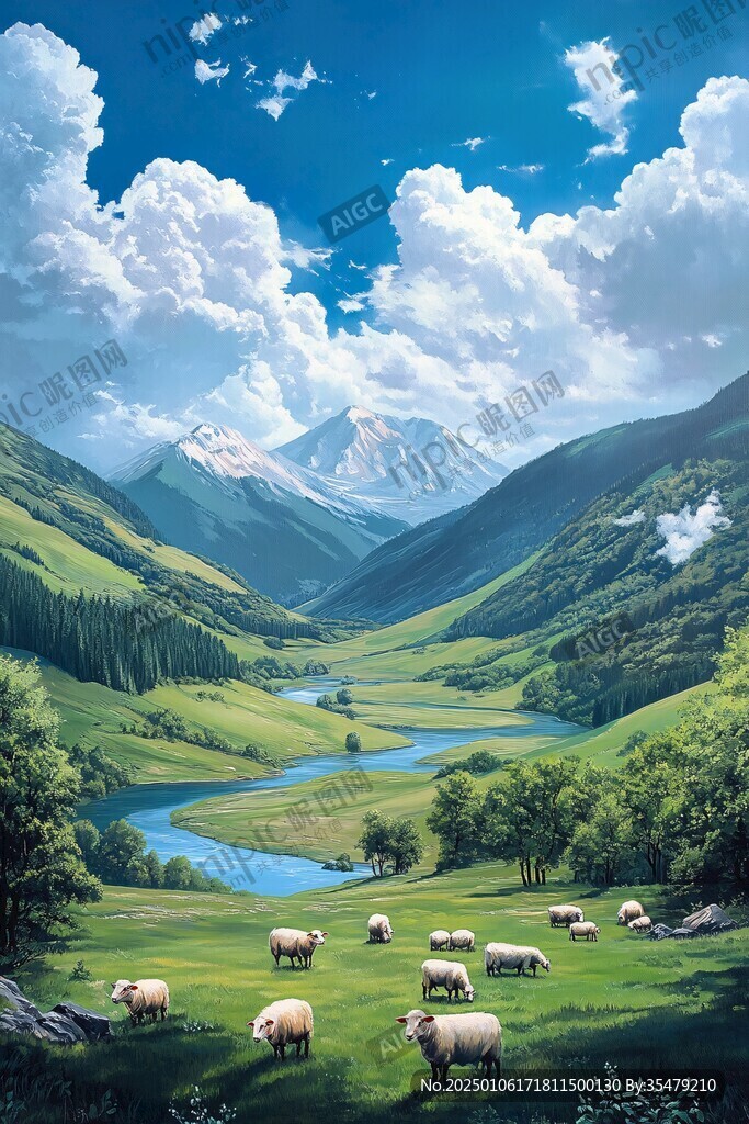 草原羊群插畫
