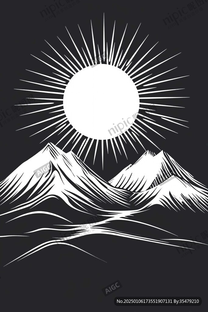 山峰山脈日出黑白畫芯