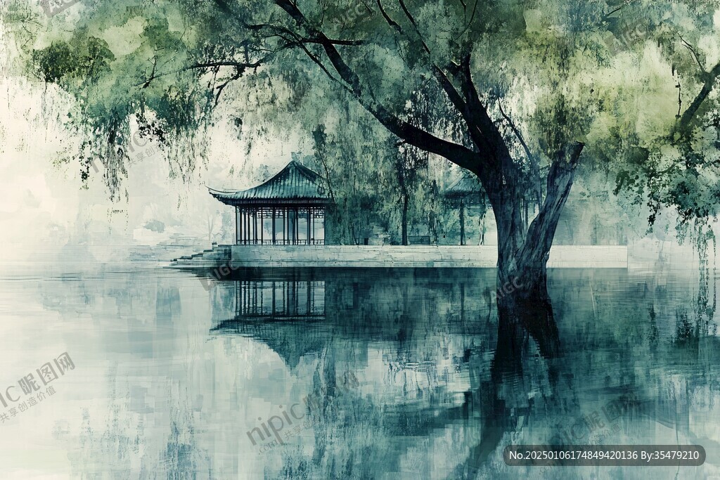 水榭樹木水彩畫