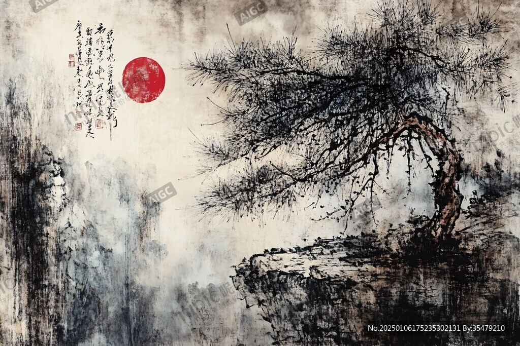 紅日東升水墨畫