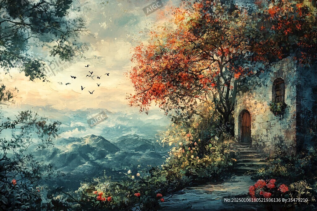 唯美秋天風(fēng)景油畫