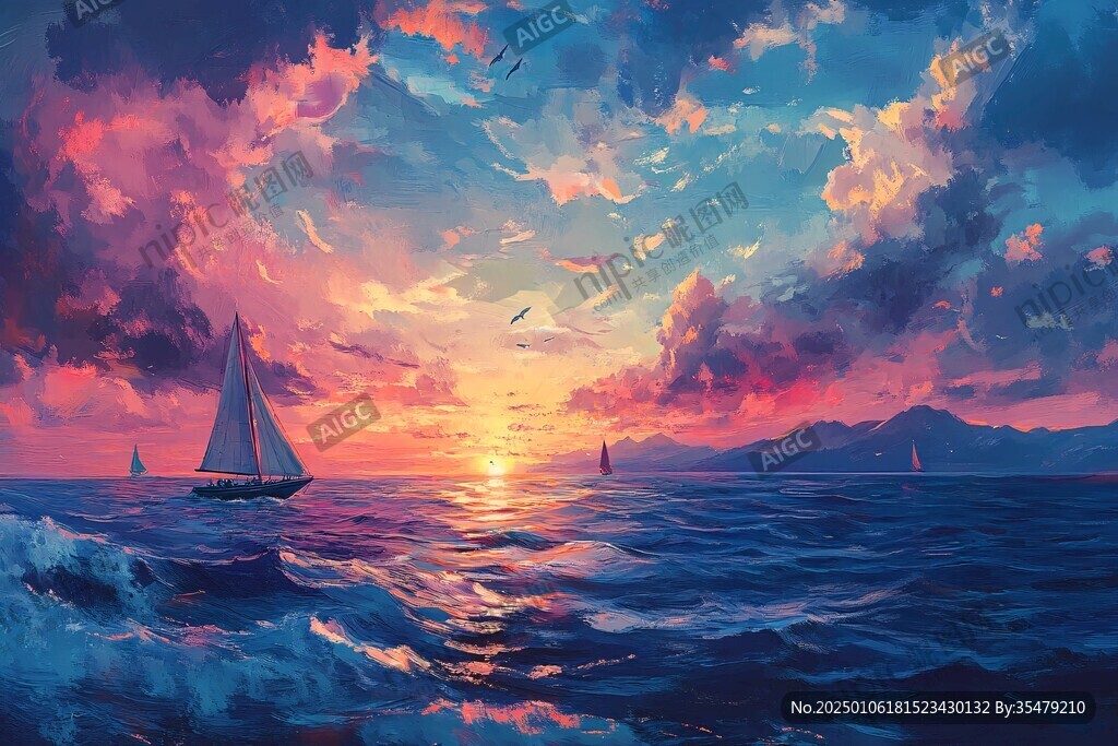 海上落日插畫