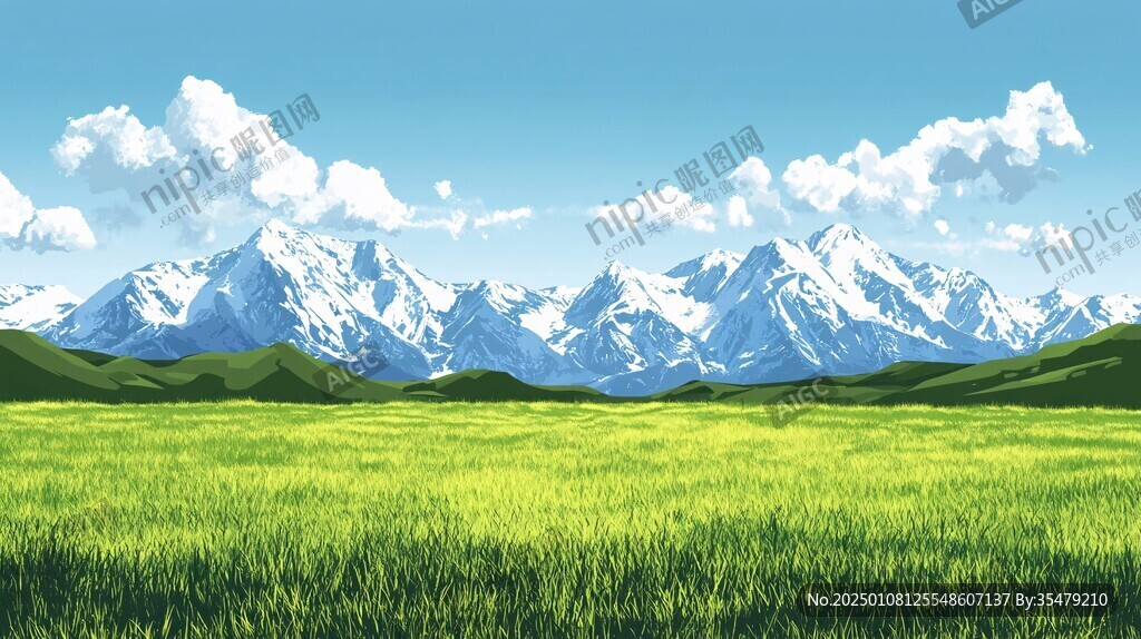 藍天白云山脈草地背景