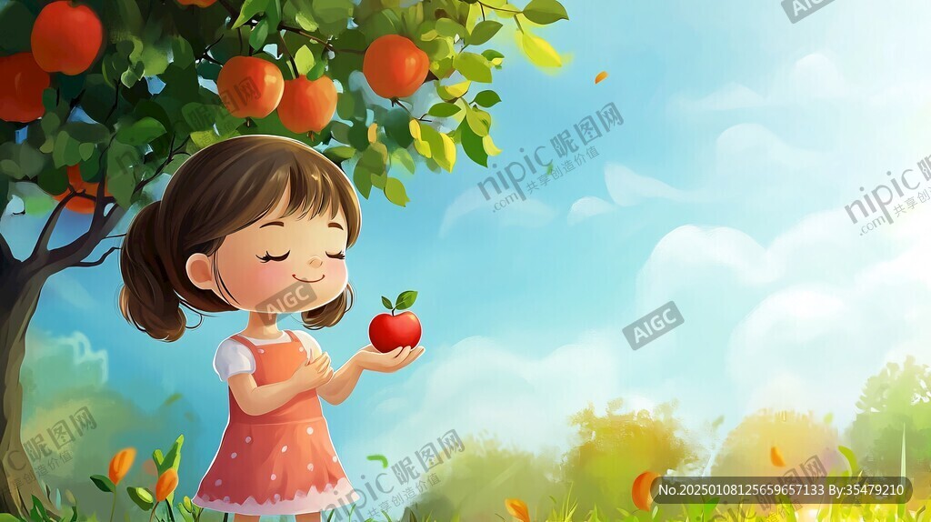 小女孩摘蘋果插畫