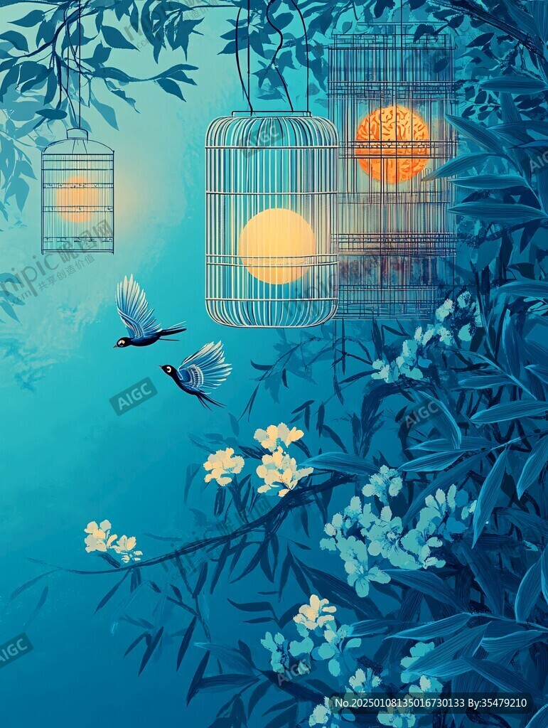 格柵花鳥插畫