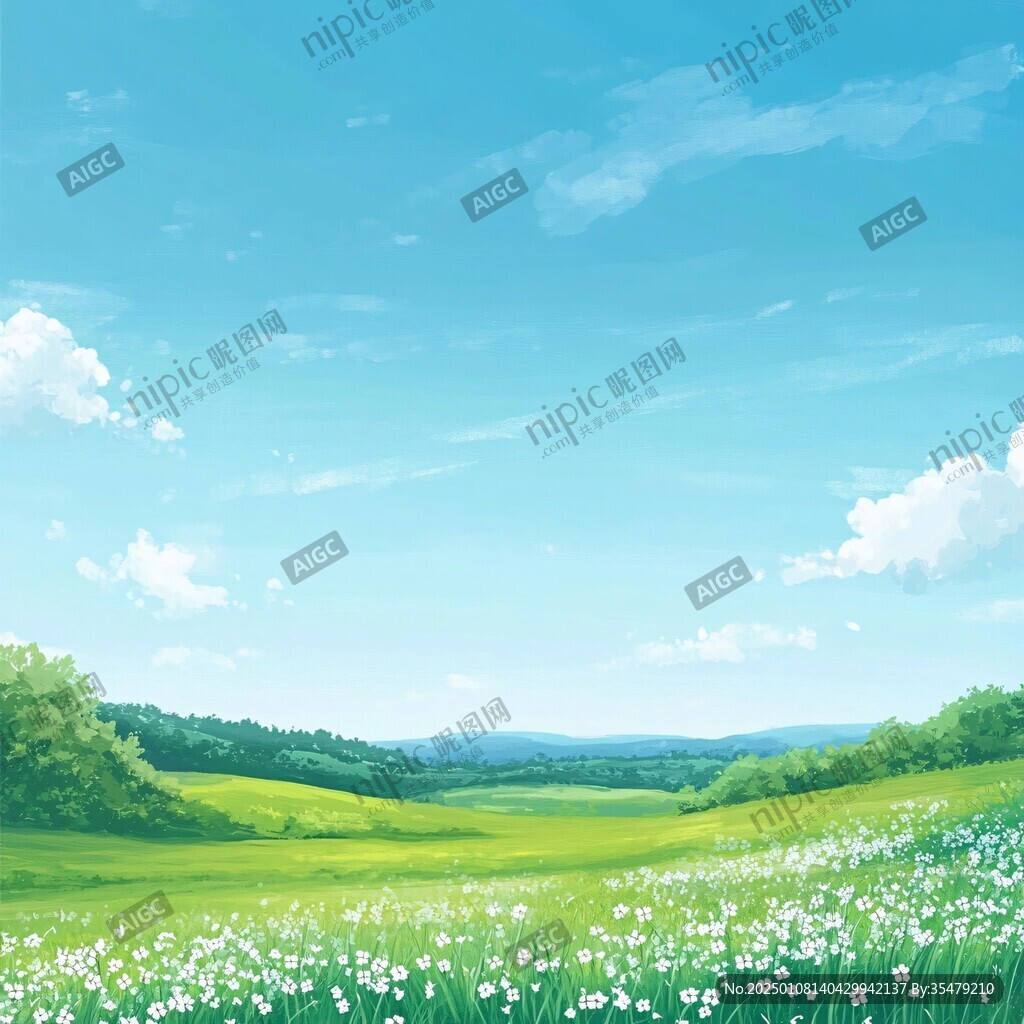 藍天白云草地插畫