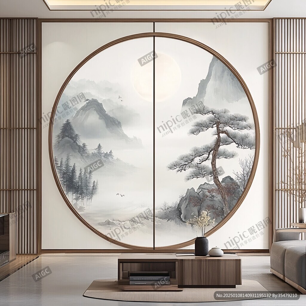 圓山水框畫硬包背景