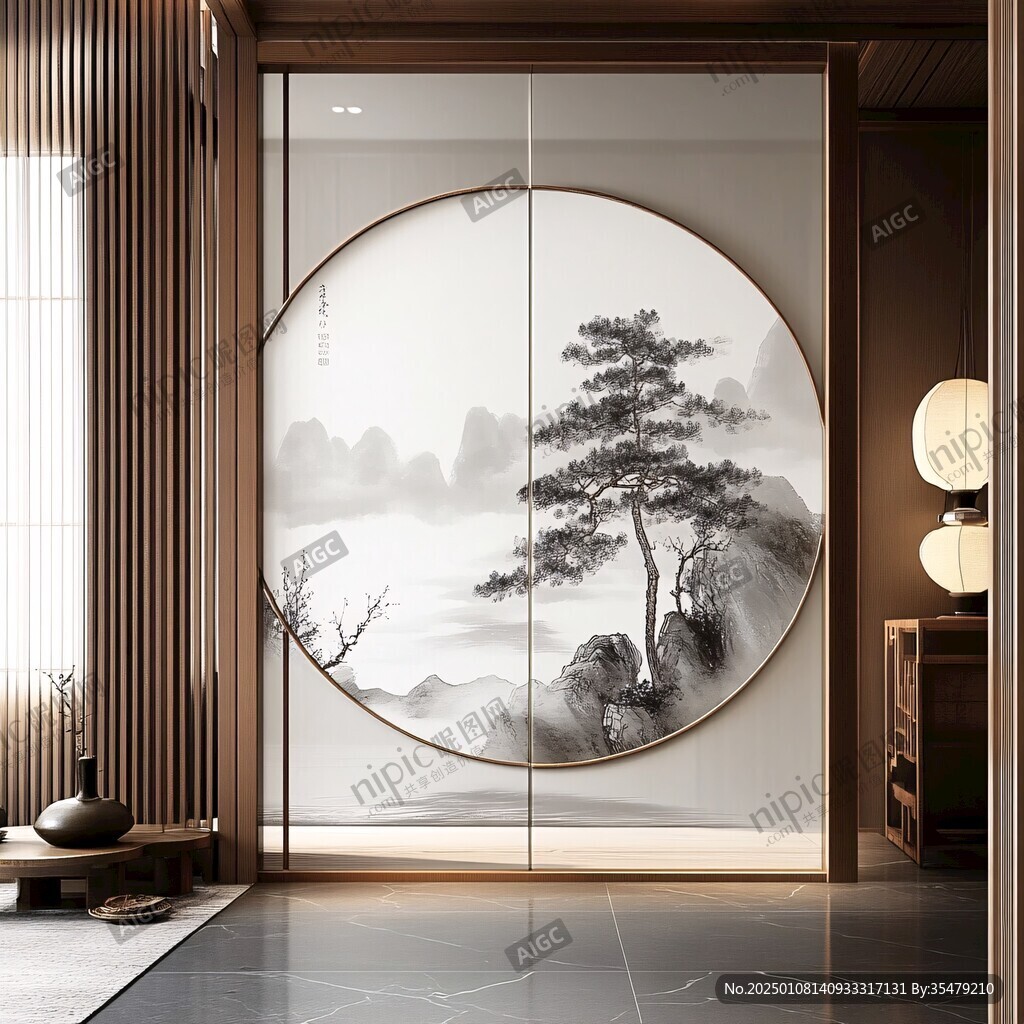 圓山水框畫硬包背景