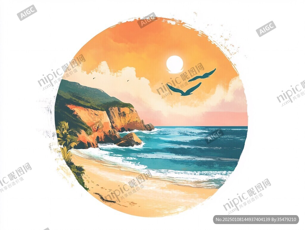 海邊落日插畫