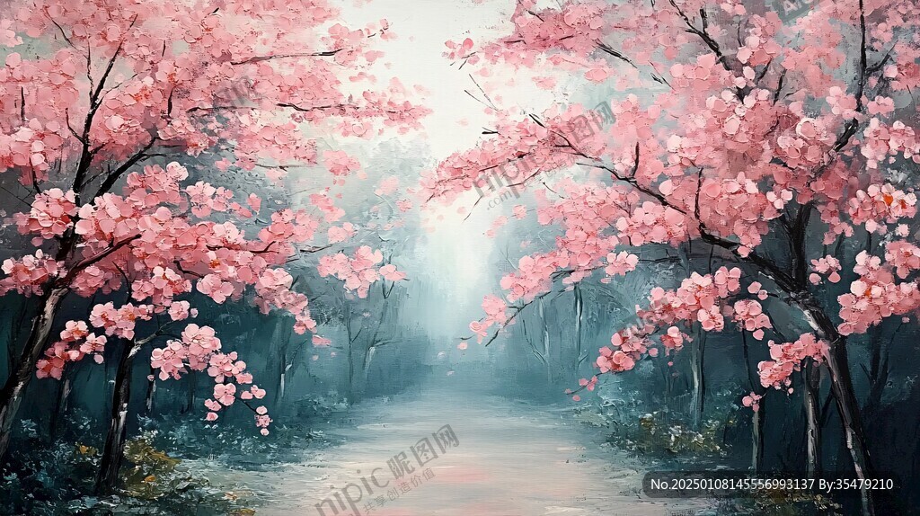 桃花風(fēng)景油畫