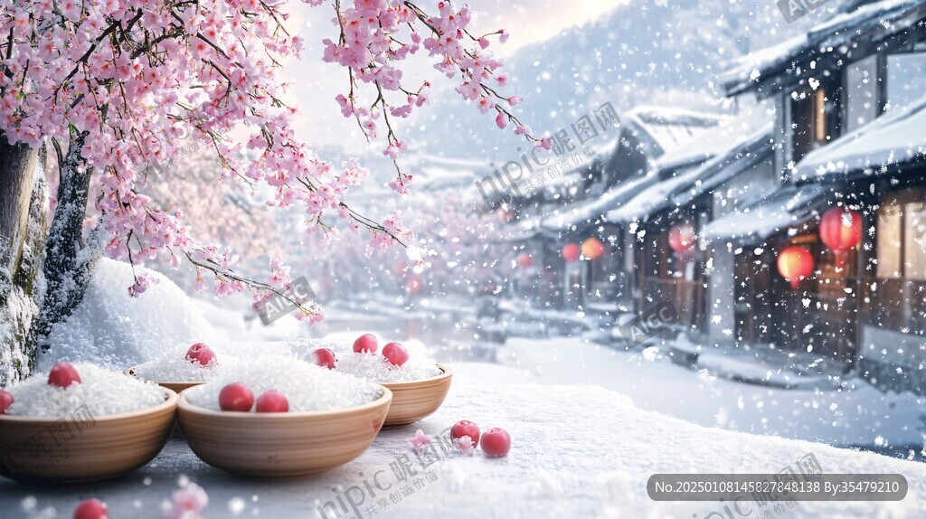 飄雪雪花雪景燈籠