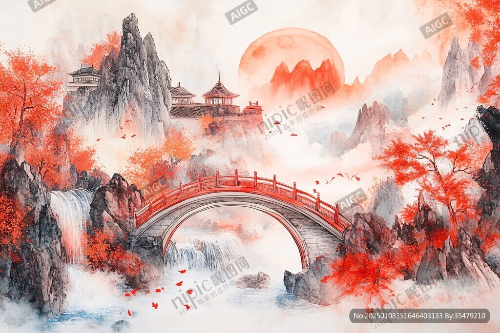 紅葉古風山水畫
